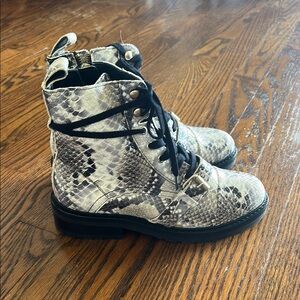 ALL SAINTS Leather Combat Boots 37 Snakeskin Laceup Booties Buckle Animal Shoe